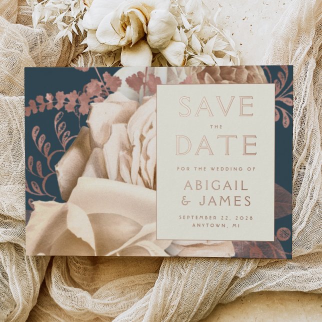 Floral Ivory Rose Gold Teal Wedding Save the Date (Creator Uploaded)