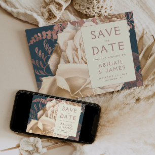 Floral Ivory Rose Gold Teal Wedding Save the Date Invitation