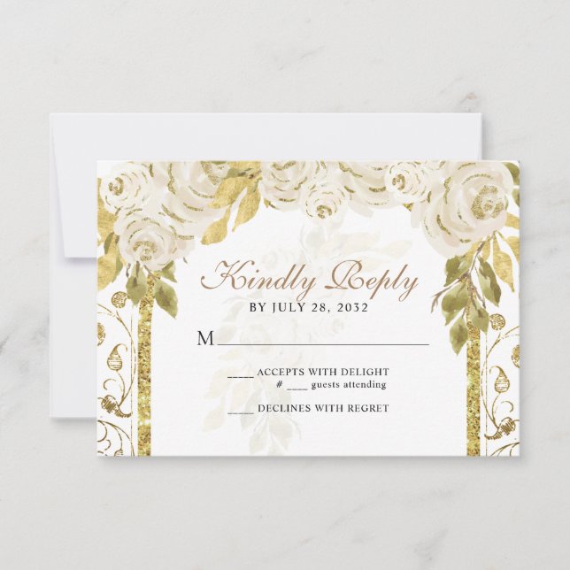 Floral Ivory White Gold Arch Quinceañera RSVP Card (Front)