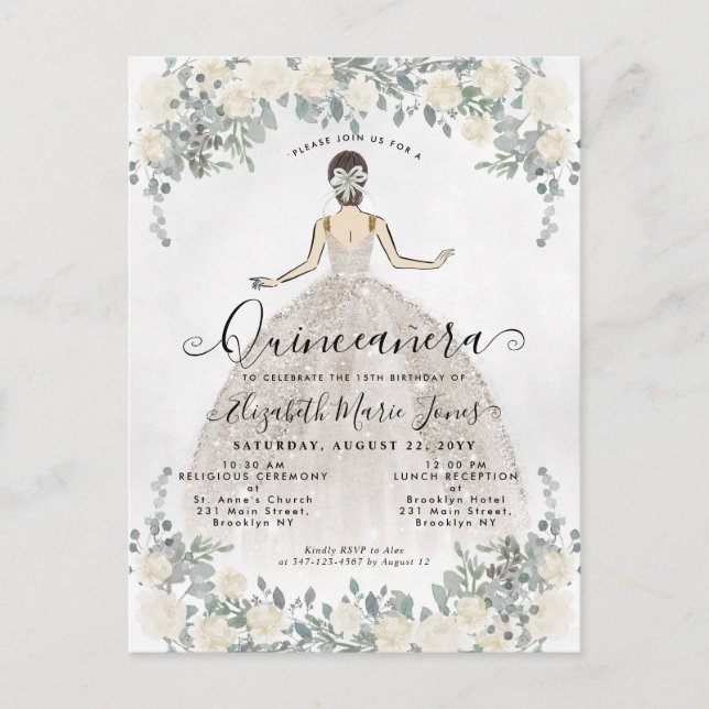 Floral Ivory White Princess Birthday Quinceanera I Invitation Postcard (Front)