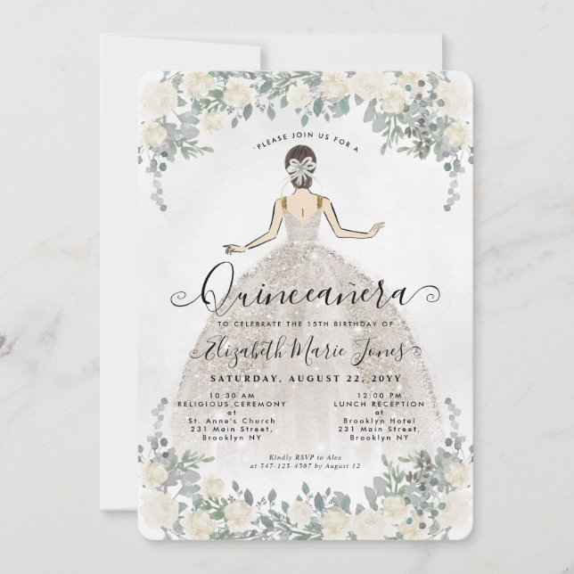 Floral Ivory White Princess Birthday Quinceanera Invitation (Front)