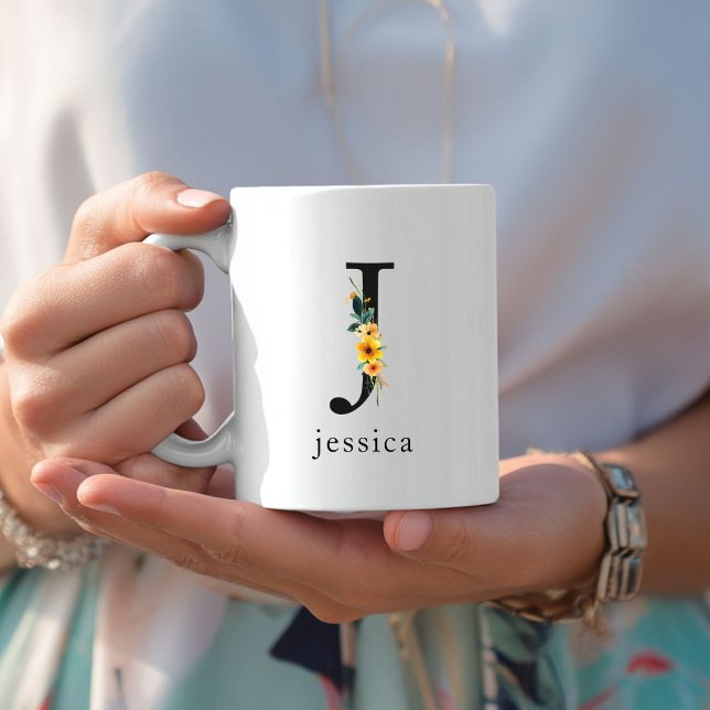 Floral J Monogram Mug with Editable Name (Floral J Monogram Mug with Editable Name. Yellow, Orange & Greenery Watercolor Flowers.)