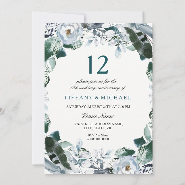 Floral Jade Green 12th Wedding Anniversary Invite (Front)