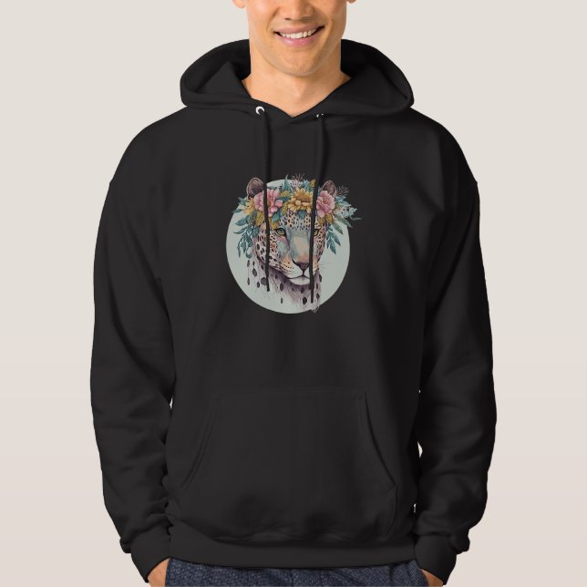 Floral Jaguar Flower Crown Watercolor Animal Hoodie (Front)