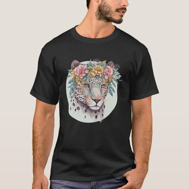 Floral Jaguar Flower Crown Watercolor Animal T-Shirt (Front)