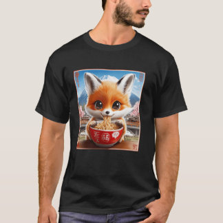Floral Japanese Mt. Fuji Noodles Cute Fox Pup Rame T-Shirt