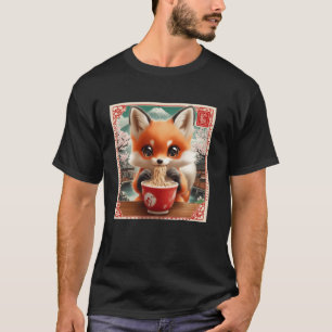 Floral Japanese Mt. Fuji Noodles Cute Fox Pup Rame T-Shirt