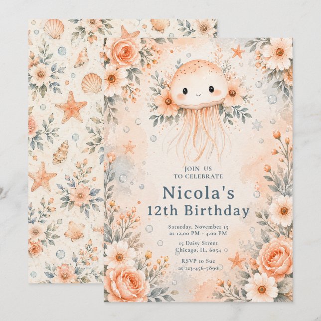 Floral Jellyfish Birthday Invitation (Front/Back)