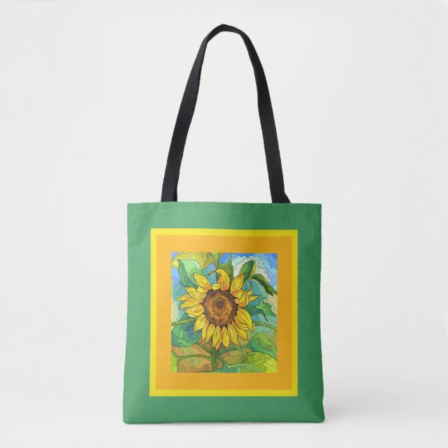 Floral, jumbo sunflower on yellow/green  tote bag (Front)