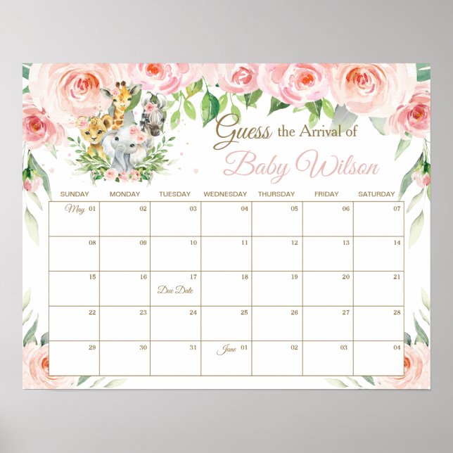 Floral Jungle Animals Guess Baby's Arrival Game Poster (Front)