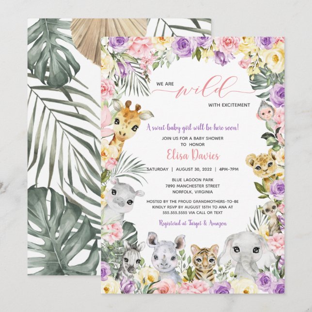 Floral Jungle Safari Animals Girl Baby Shower Invitation (Front/Back)
