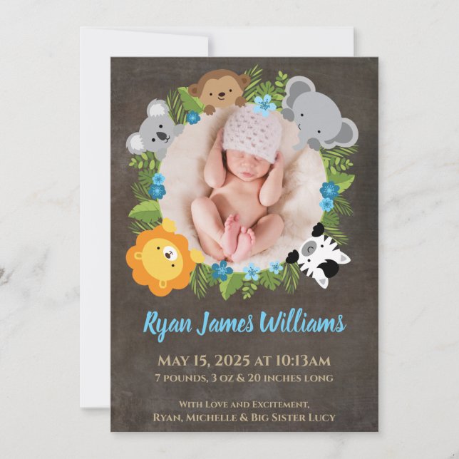Floral Jungle Safari Wreath Baby Boy Announcement (Front)