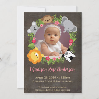 Floral Jungle Safari Wreath Baby Girl Announcement