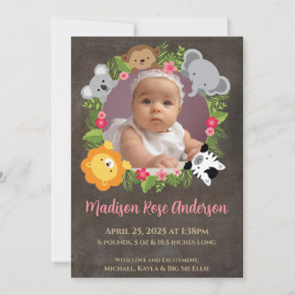 Floral Jungle Safari Wreath Baby Girl Announcement