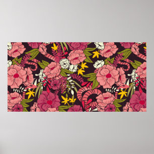 Floral jungle with snakes pattern, tropical flower poster