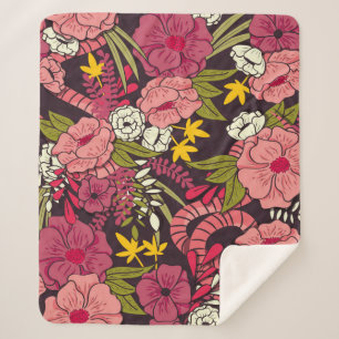 Floral jungle with snakes pattern, tropical flower sherpa blanket