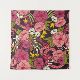 Floral jungle with snakes pattern, tropical flower tapestry