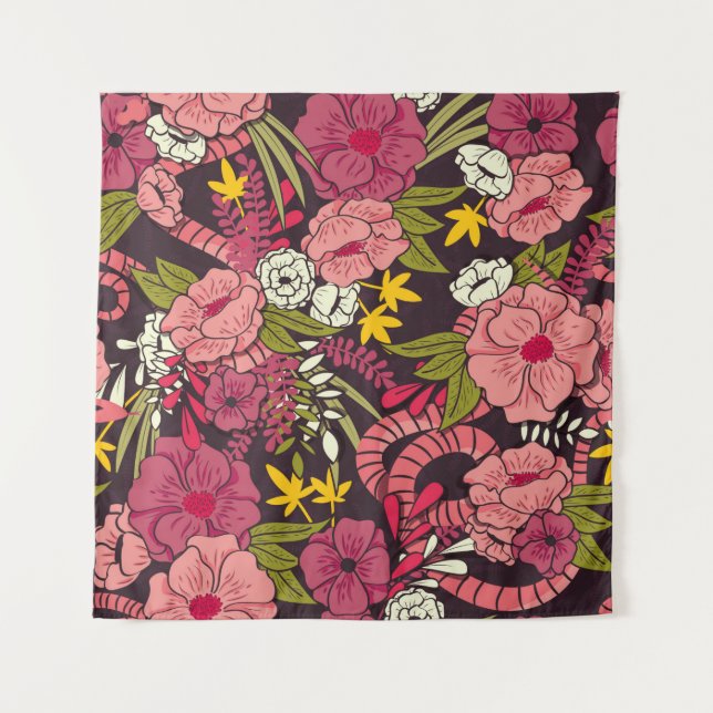 Floral jungle with snakes pattern, tropical flower tapestry (Front)
