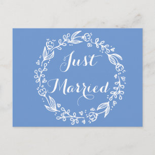 Floral Just Married Blue Cornflower Wedding Wreath Announcement Postcard