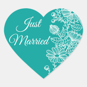 Floral Just Married Daisies Blue Teal Wedding Heart Sticker