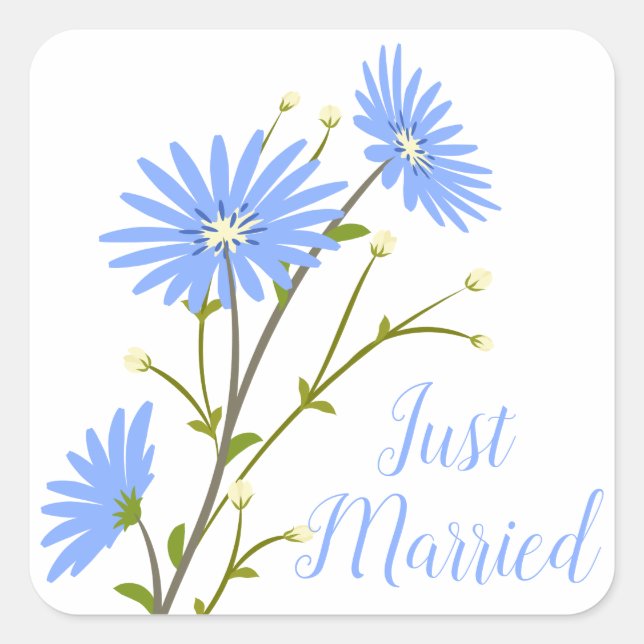 Floral Just Married Daisy Flowers Blue Wedding Square Sticker (Front)