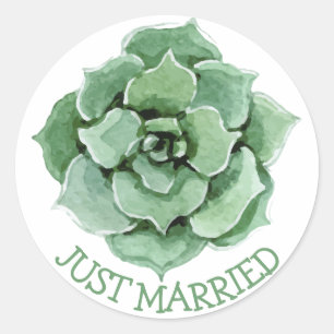 Floral Just Married Green Succulent Cactus Wedding Classic Round Sticker