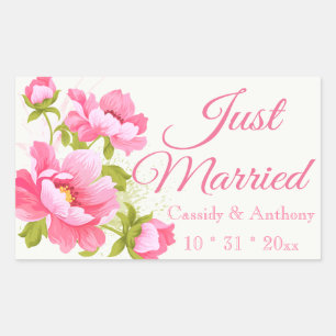 Floral Just Married Pink Peonies Flower Wedding Rectangular Sticker