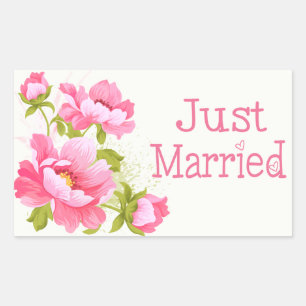Floral Just Married Pink Peonies Flower Wedding Rectangular Sticker