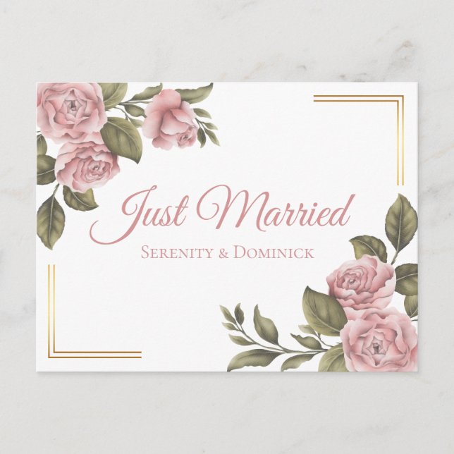 Floral Just Married Pink Peony Elegant Wedding Announcement Postcard (Front)