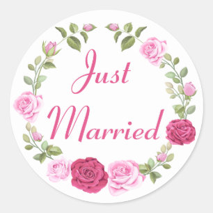 Floral Just Married Pink Rose Wedding Announcement Classic Round Sticker