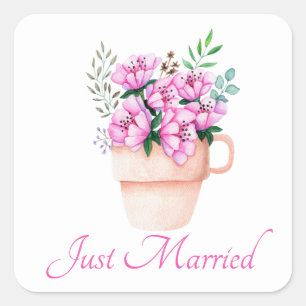 Floral Just Married Pink Watercolor Flower Spring Square Sticker