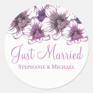 Floral Just Married Purple Orchids Wedding Flowers Classic Round Sticker