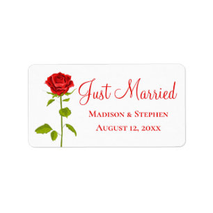 Floral Just Married Red Rose Flowers Label