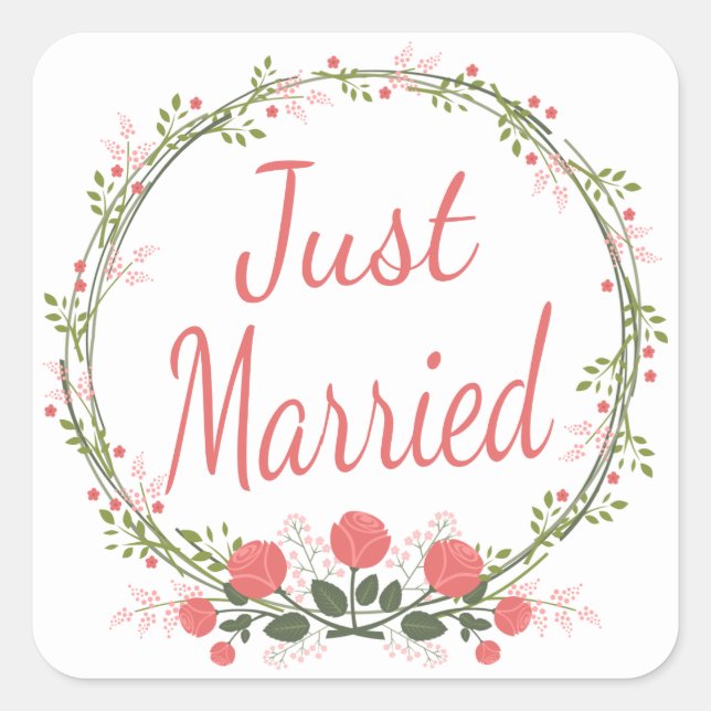Floral Just Married Rose Pink Red Flower Wedding Square Sticker (Front)