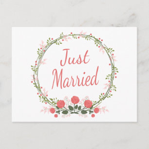 Floral Just Married Rose Wreath Pink Red Wedding Announcement Postcard