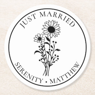 Floral Just Married Sunflower Black White Wedding  Round Paper Coaster