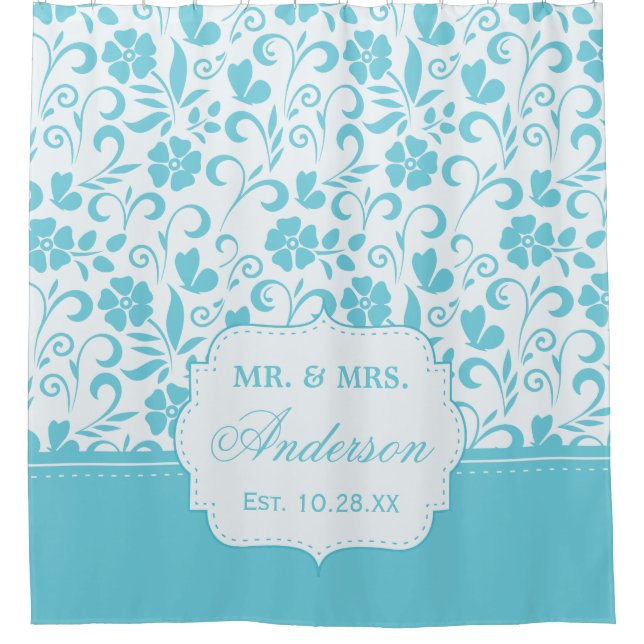 Floral Just Married Wedding Date Chic Cyan Blue Shower Curtain (Front)