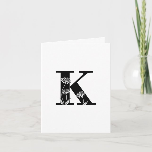 Floral K Monogram On White Note Card (Front)