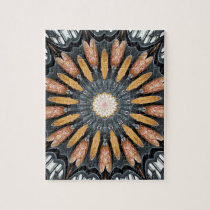 Floral Kaleidoscope Art Mosaic Orange Black White Jigsaw Puzzle