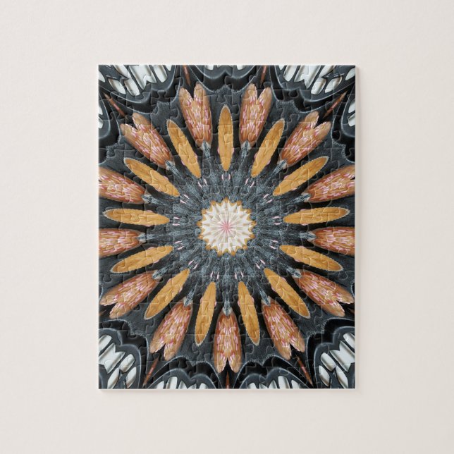 Floral Kaleidoscope Art Mosaic Orange Black White Jigsaw Puzzle (Vertical)