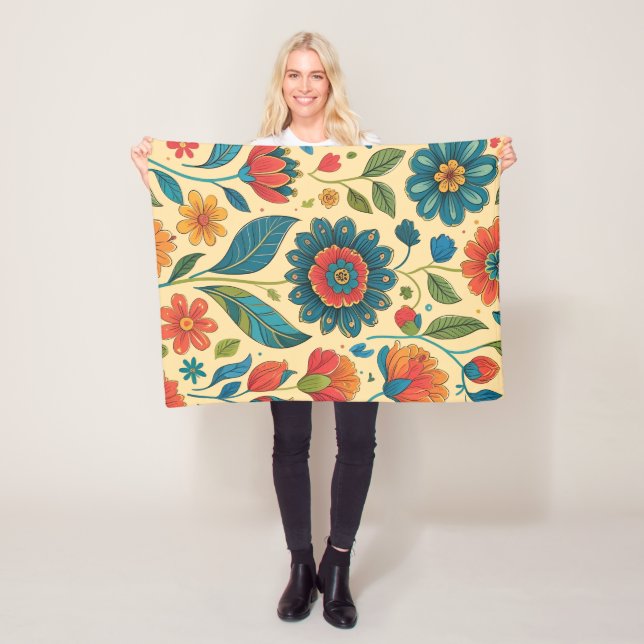 Floral Kaleidoscope Garden - Vibrant Nature Art Fleece Blanket (In Situ)