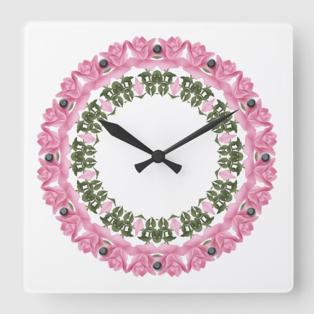 Floral kaleidoscope square wall clock (Front)