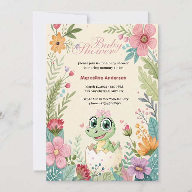 Floral kawaii baby alligator hatching Eggs -Girl  Invitation (Front)