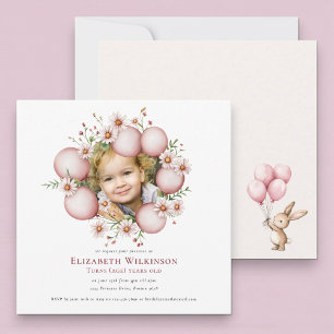 Floral kids  Photo pink Birthday Invite