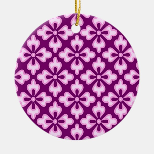 Floral kimono print, light pink and plum ceramic tree decoration (Front)