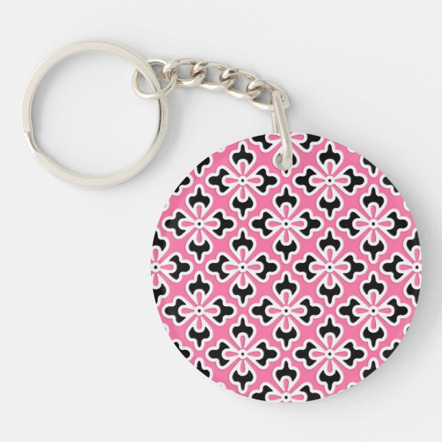 Floral kimono print, pink, black and white key ring (Front)
