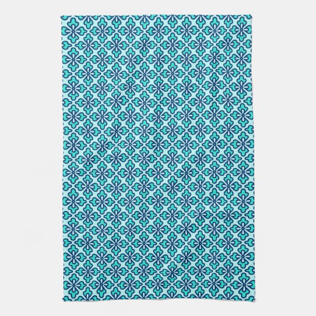 Floral kimono print, turquoise, navy and aqua tea towel (Vertical)