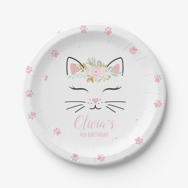 Floral Kitten Birthday Party Plates kitty face (Front)