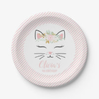 Floral Kitten Birthday Party Plates kitty face