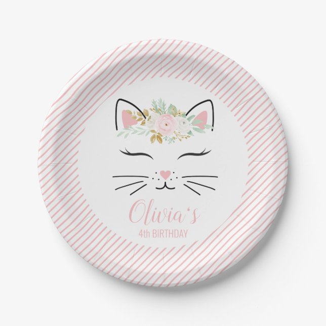 Floral Kitten Birthday Party Plates kitty face (Front)